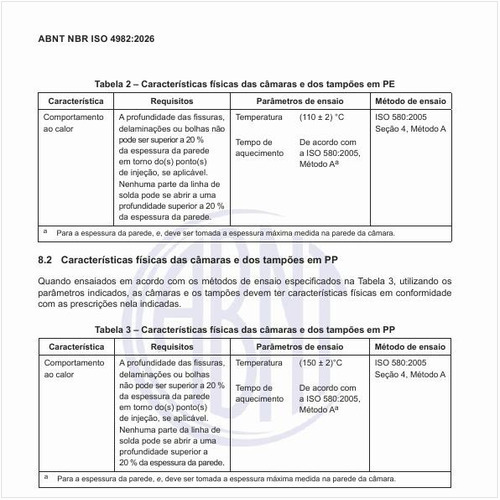 Quais são as características mecânicas das câmaras e dos tampões?