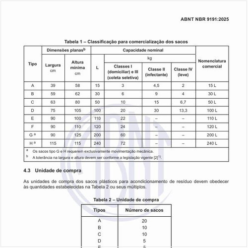 Qual é a classificação para comercialização dos sacos plásticos?