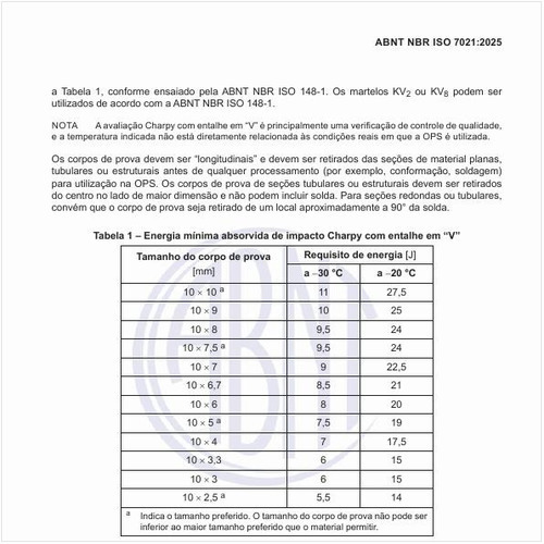 Qual é a energia mínima absorvida de impacto Charpy com entalhe em “V”?
