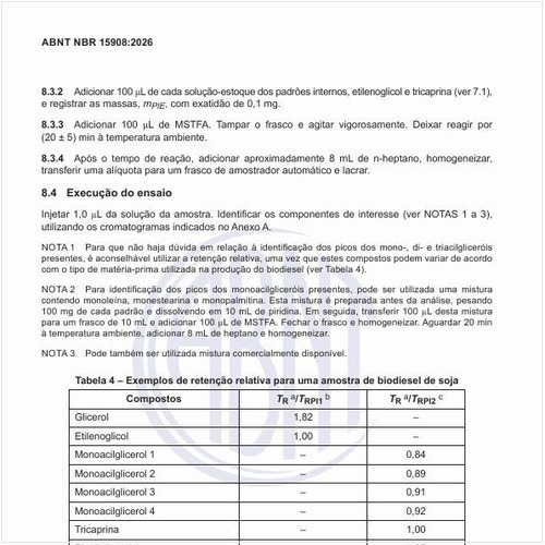 Quais são os exemplos de retenção relativa para uma amostra de biodiesel de soja?
