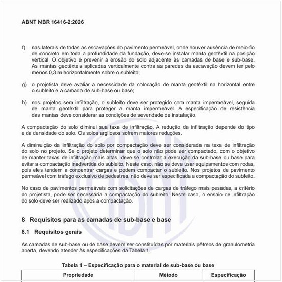 Qual deve ser a especificação para o material de sub-base ou base?
