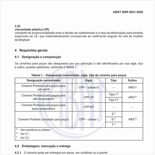 Qual é a designação normalizada, sigla, tipo do cimento para poços?