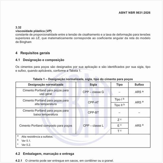 Qual é a designação normalizada, sigla, tipo do cimento para poços?