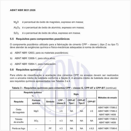 Quais são os requisitos químicos para cimentos CPP – classe G, CPP-AT e CPP-BT?