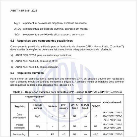 Quais são os requisitos químicos para cimentos CPP – classe G, CPP-AT e CPP-BT?