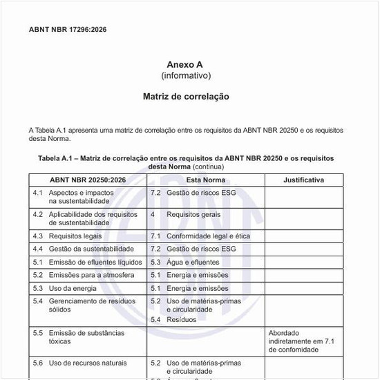 Como deve ser a matriz de correlação entre os requisitos da NBR 20250 e os desta norma?