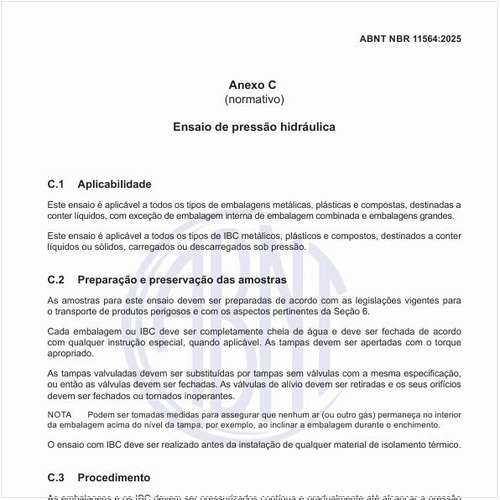 Como deve ser realizado o ensaio de pressão hidráulica?
