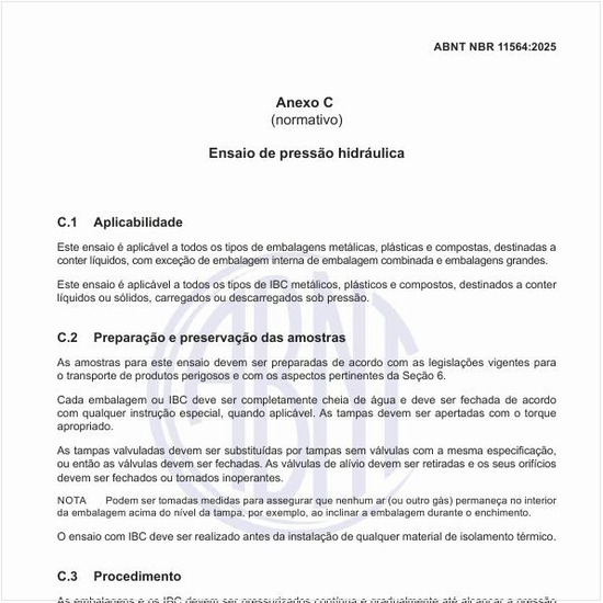 Como deve ser realizado o ensaio de pressão hidráulica?