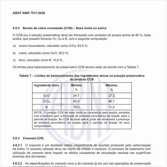 Quais são as especificações do creosoto novo e do creosoto em uso nas operações de preservação dos dormente de madeira?