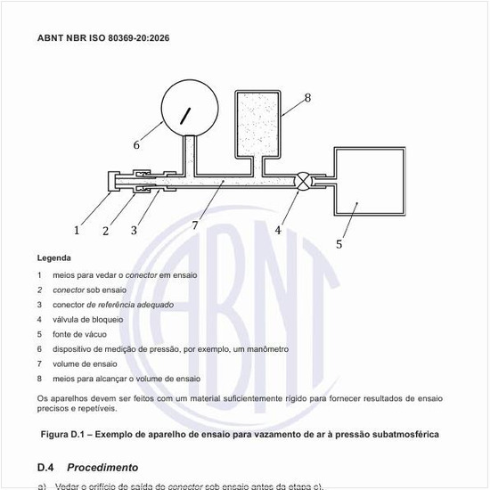 Como é um exemplo de aparelho de ensaio para vazamento de ar à pressão subatmosférica?