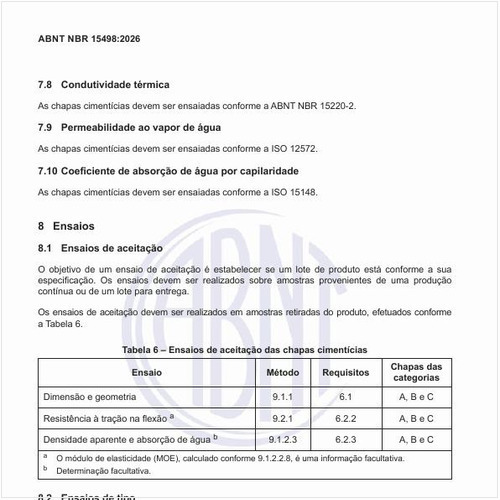 Quais são os ensaios de aceitação das chapas cimentícias?