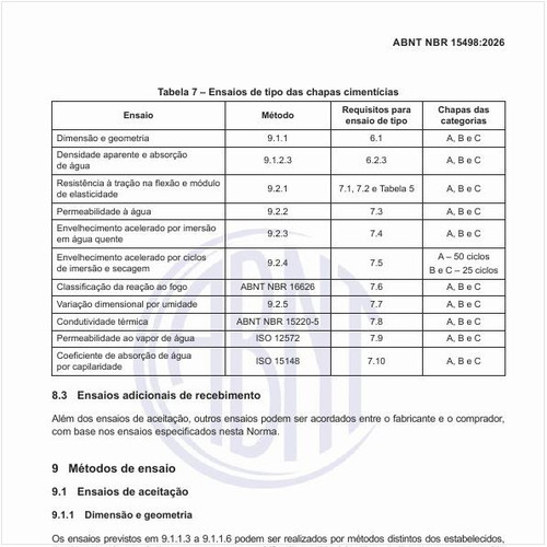 Quais os ensaios de tipo das chapas cimentícias?
