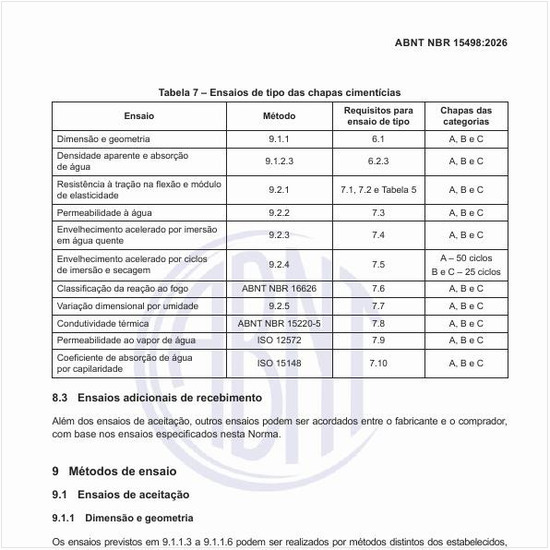 Quais os ensaios de tipo das chapas cimentícias?
