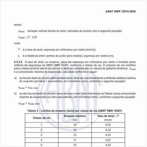 Quais os limites de empeno (twist) por classe de via (NBR 16387)?