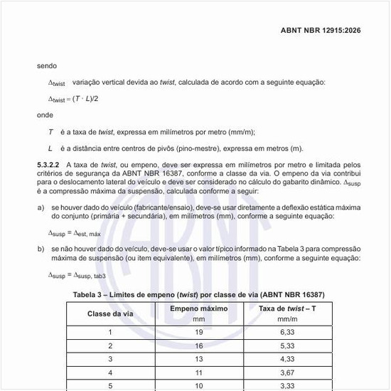 Quais os limites de empeno (twist) por classe de via (NBR 16387)?