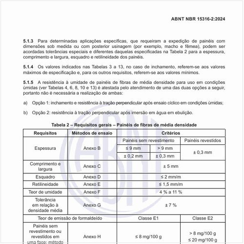Quais são os requisitos gerais para os painéis de fibras de média densidade?