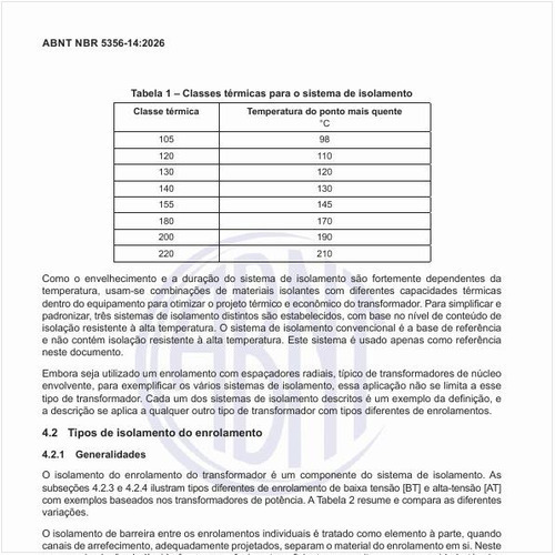 Quais devem ser as classes térmicas para o sistema de isolamento desses transformadores?