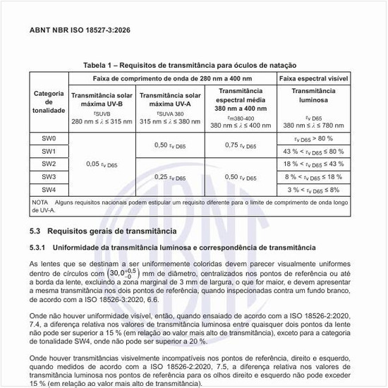 Quais são os requisitos de transmitância para os óculos de natação?