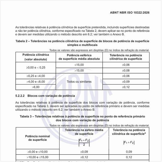Quais as tolerâncias relativas à potência de superfície no ponto de referência primário dos blocos com variação de potência?