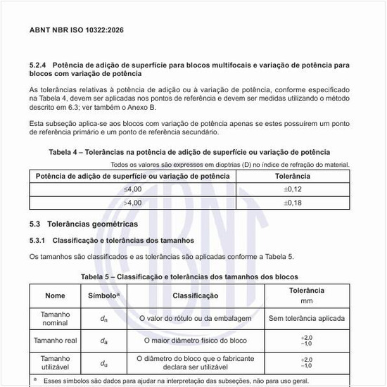 Quais são a classificação e as tolerâncias dos tamanhos dos blocos?