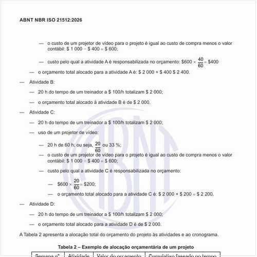Como é um exemplo de alocação orçamentária de um projeto?