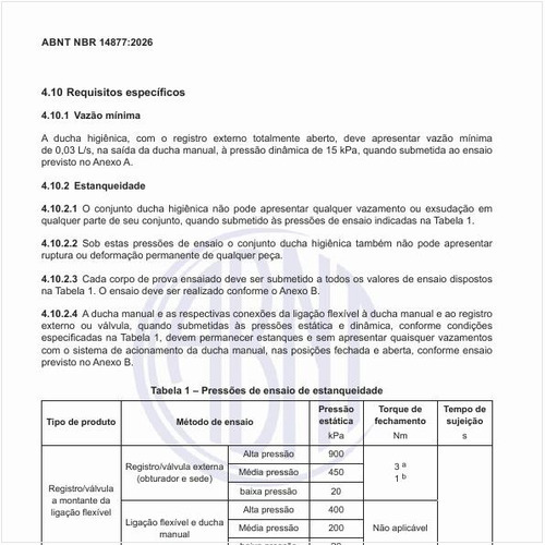 Quais são as pressões de ensaio de estanqueidade?