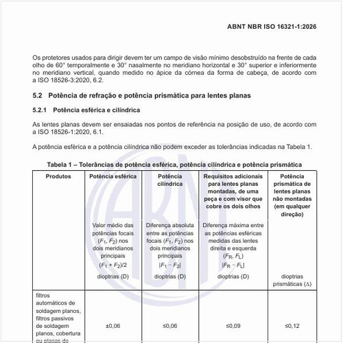 Quais são as tolerâncias de potência esférica, potência cilíndrica e potência prismática?