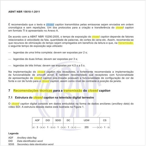 Quais as recomendações técnicas para transmissão do closed caption?