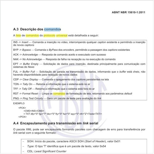 Como se apresenta a lista de comandos do protocolo universal e quais os seus significados?