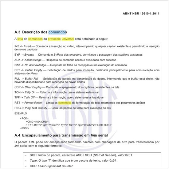 Como se apresenta a lista de comandos do protocolo universal e quais os seus significados?