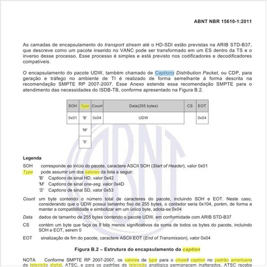 Como se apresentam os valores  de type para o closed caption no padrão americano de televisão digital e analógica?