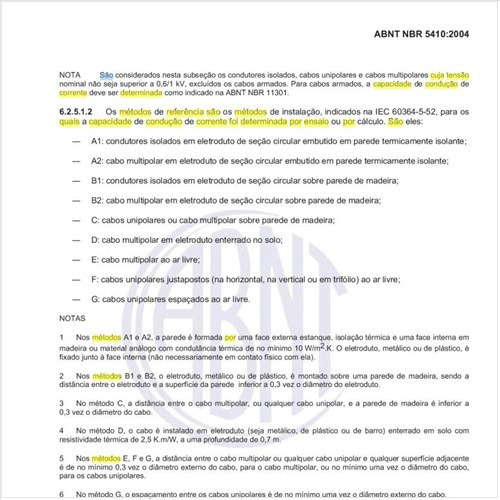 Quais são os métodos de referência cuja capacidade de condução de corrente foi determinada por ensaio ou por cálculo?