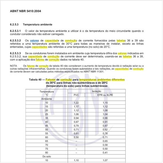 Quais os fatores de correção para temperaturas ambientes diferentes dos valores usados nas tabelas de valores de capacidade de condução normalizados?