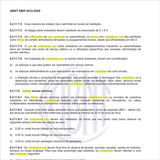 Para quais aplicações e em que condições é admitido o uso de linhas com condutores nus em edificações de uso comercial ou assemelhado?