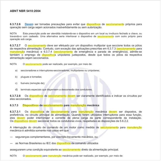 Como devem ser operados os dispositivos de seccionamento para manutenção mecânica?