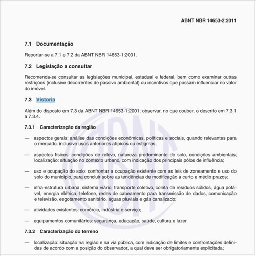 Na vistoria quais os itens que deverão ser destacados para caracterizar a região?