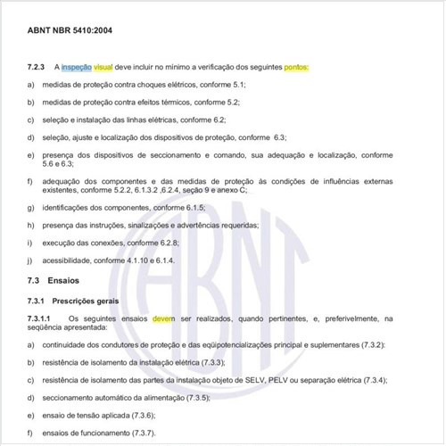 Quais pontos devem ser incluídos na inspeção visual da instalação?