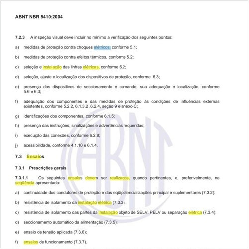 Quais ensaios devem ser realizados na instalação elétrica e em que sequência preferencial?