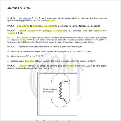 Nos locais contendo banheira ou chaveiro, em quais volumes não pode ser instalado nenhum dispositivo de proteção, seccionamento ou comando?