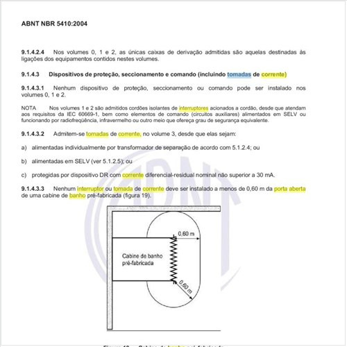 Para cabines de banho pré-fabricadas, qual a distância mínima entre qualquer interruptor ou tomada de corrente e a porta aberta da cabine?