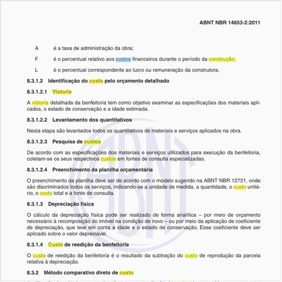 Na Vistoria para a identificação do custo de construção quais os dados que devem ser levantados?