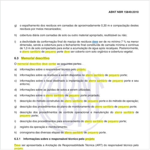 O que deve conter o memorial descritivo de um projeto de aterro sanitário de pequeno porte?