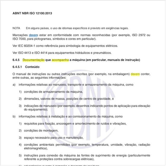 Como deve ser a documentação que acompanha a máquina?