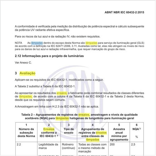 Para a avaliação dessas lâmpadas quais os ensaios a serem realizados?