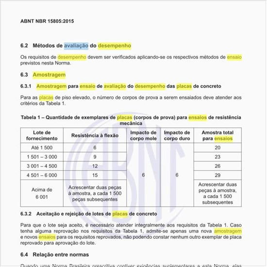 Como dever feita a amostragem para ensaio de avaliação do desempenho das placas de concreto?