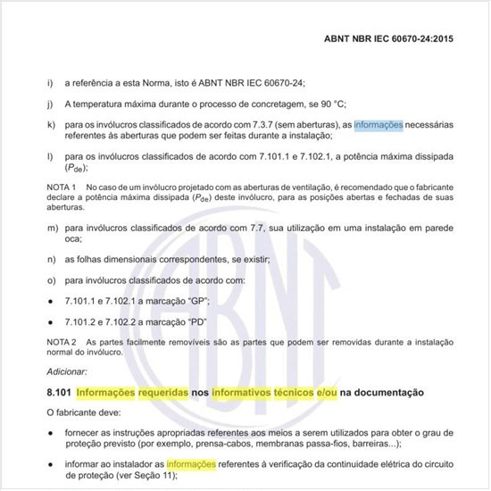 Quais as informações requeridas nos informativos técnicos e/ou na documentação?