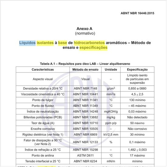 Quais as especificações dos líquidos isolantes à base de hidrocarbonetos aromáticos?