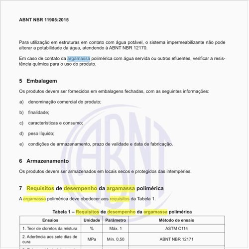 Quais os requisitos de desempenho da argamassa polimérica?