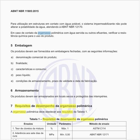 Quais os requisitos de desempenho da argamassa polimérica?