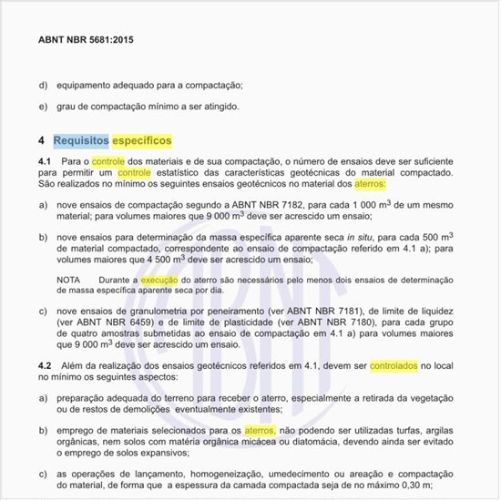 E quanto aos requisitos específicos para o controle tecnológico da execução de aterros em obras de edificações?